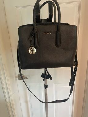 FURLA Black Leather Double-Handle Satchel with Crossbody Strap